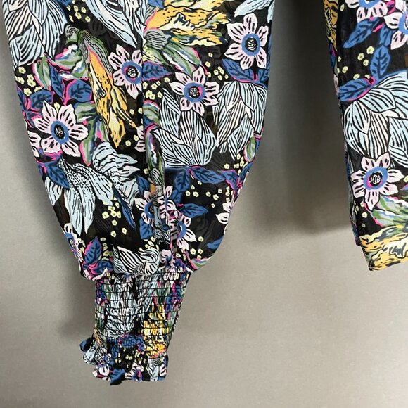 Floral Blouse Sheer Long Sleeve FLAWED Shirred Smocked Ruffles Blue Long Sleeve - Picture 7 of 15
